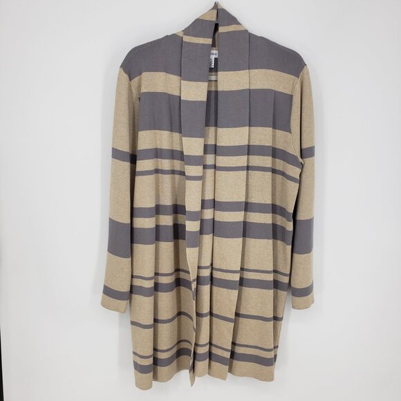 Calvin Klein Open Front Long Cardigan Sweater L Womens Striped Gray‎ Tan - Picture 1 of 9